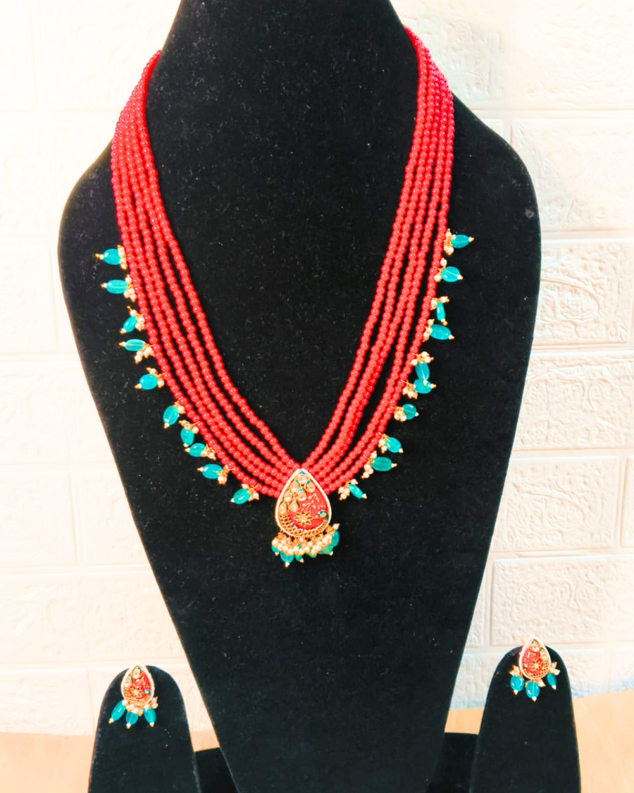 5 Layer Pink Long Necklace with Earrings